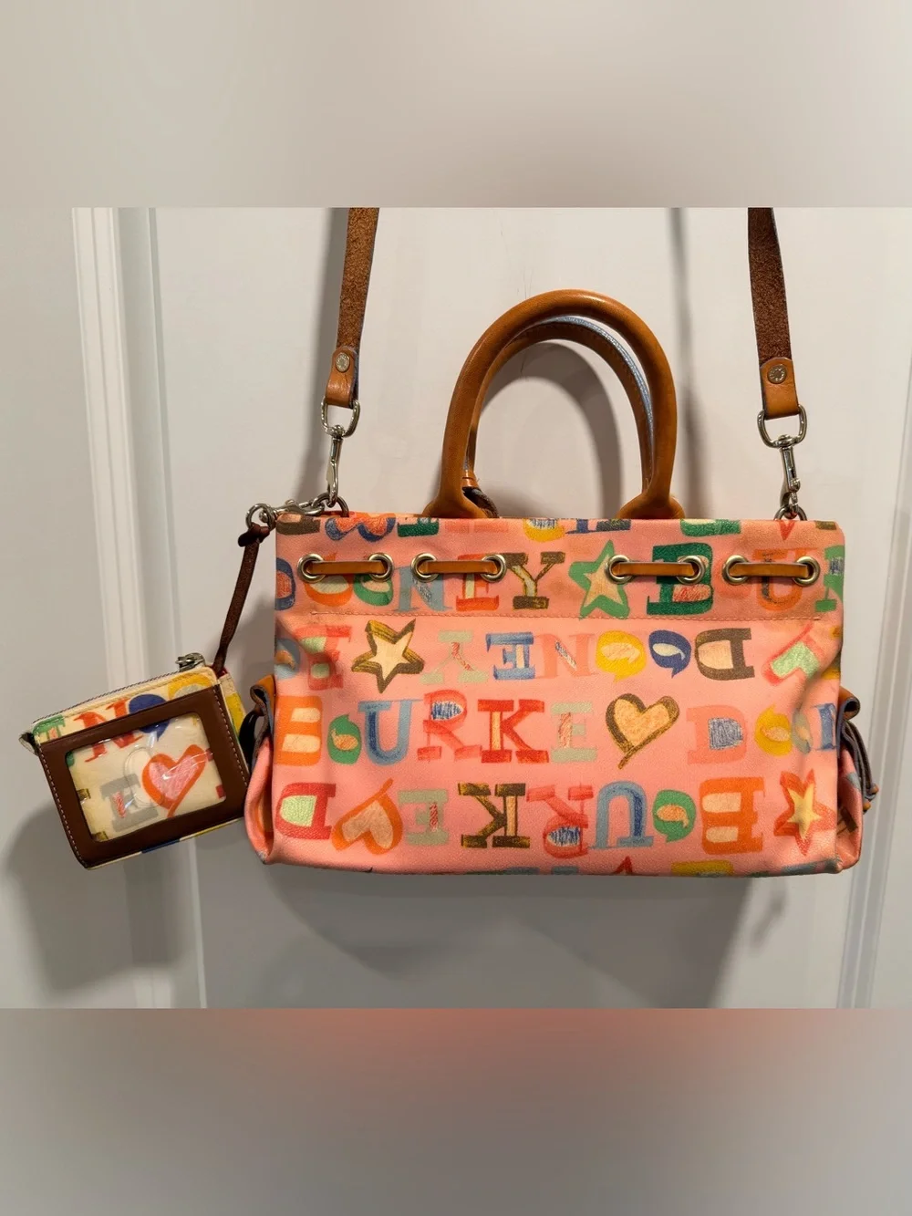 Vintage Y2K Dooney & Bourke Pink Alphabet Doodle Drawstring Satchel Set